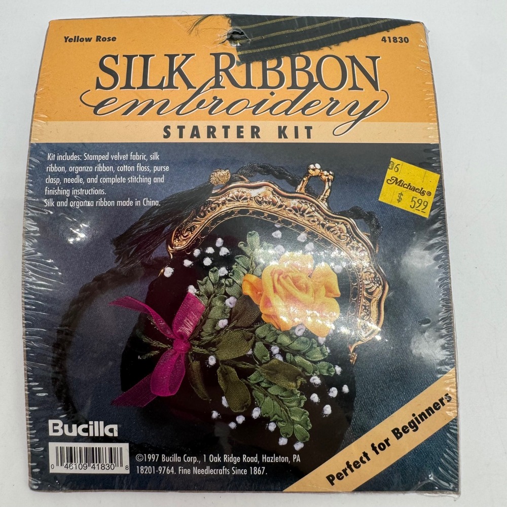 Vintage 1997 Bucilla Yellow Rose Silk Ribbon Embroidery Purse Kit 41830 Velvet